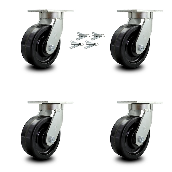 8 Inch Extra Heavy Duty Phenolic Swivel Caster Set with Swivel Locks, 4PK